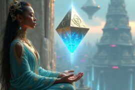 Anala, a woman from the past, sitting in meditation with a blue glowing pyramid floating between her hands.