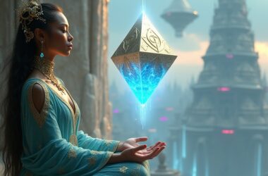 Anala, a woman from the past, sitting in meditation with a blue glowing pyramid floating between her hands.
