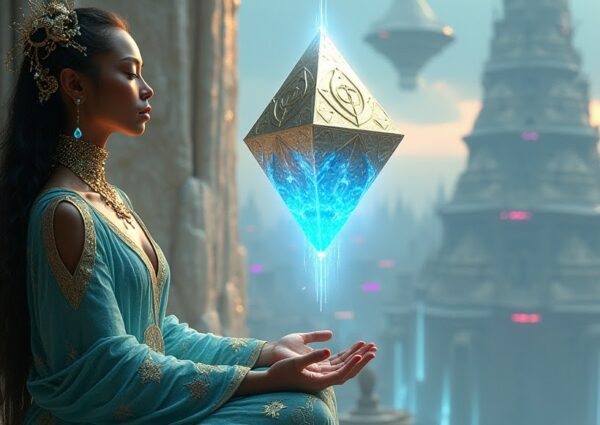 Anala, a woman from the past, sitting in meditation with a blue glowing pyramid floating between her hands.