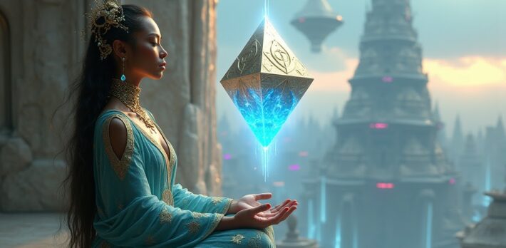 Anala, a woman from the past, sitting in meditation with a blue glowing pyramid floating between her hands.