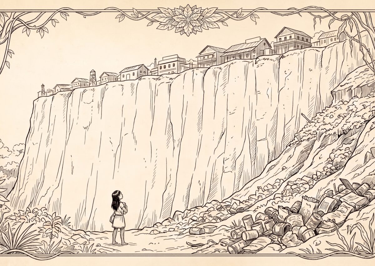 A pic of a girl tynara staring up at a cliff with a town above and trash falling down