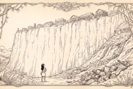 A pic of a girl tynara staring up at a cliff with a town above and trash falling down