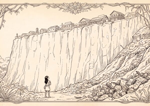A pic of a girl tynara staring up at a cliff with a town above and trash falling down