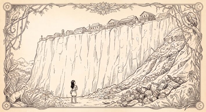 A pic of a girl tynara staring up at a cliff with a town above and trash falling down